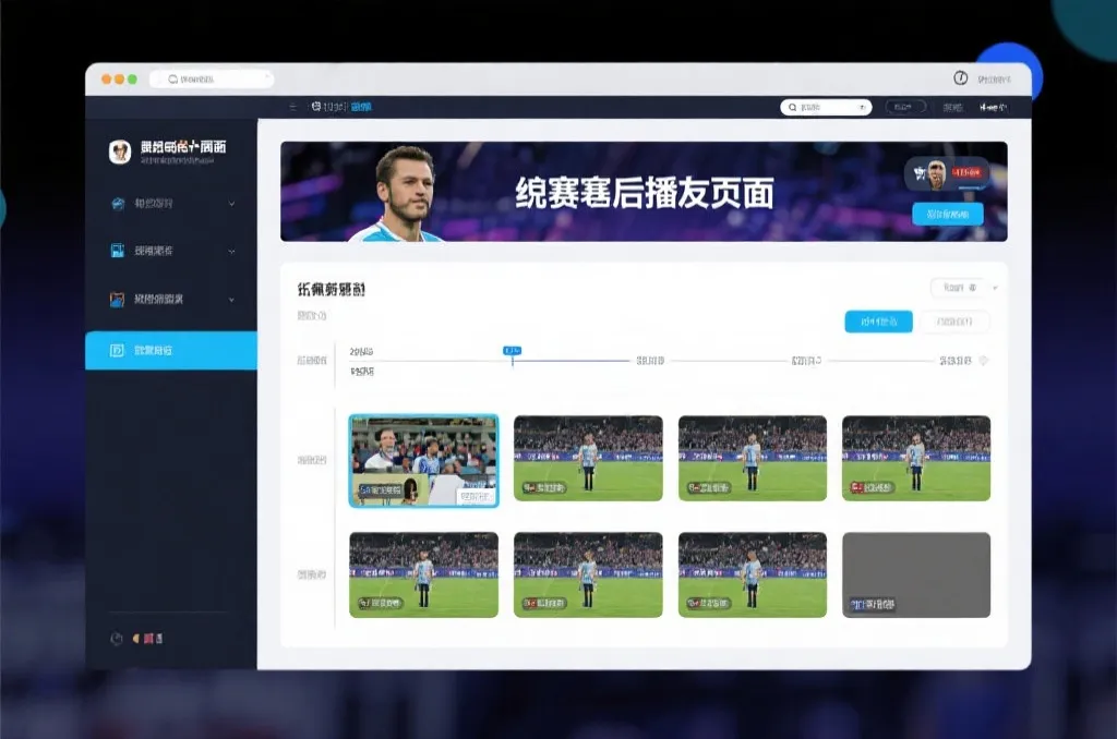 比赛结束后，电视屏幕展示集锦回放页面，旁边有时间轴和多角度切换提示